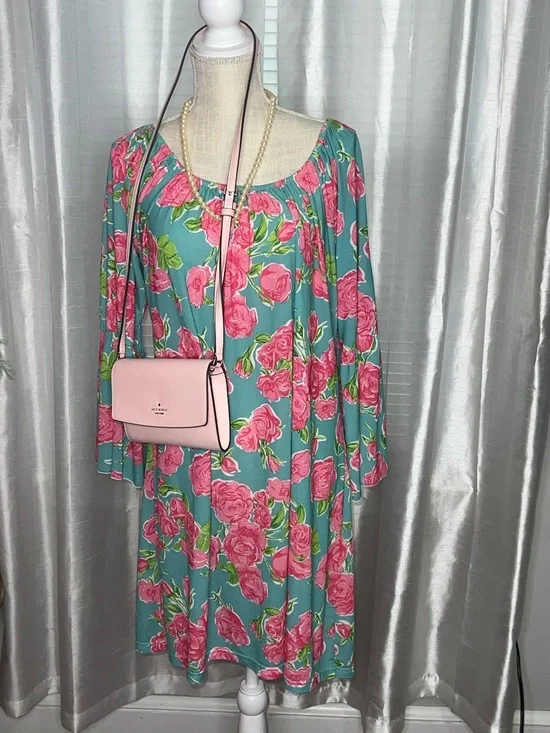 Simply Southern Teal Dress with Pink Rose Print - Picture 2 of 6